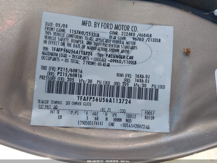 2006 Ford Taurus Sel VIN: 1FAFP56U56A113724 Lot: 45239123