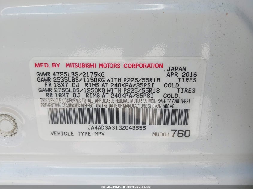 2016 Mitsubishi Outlander Se VIN: JA4AD3A31GZ043555 Lot: 45239145