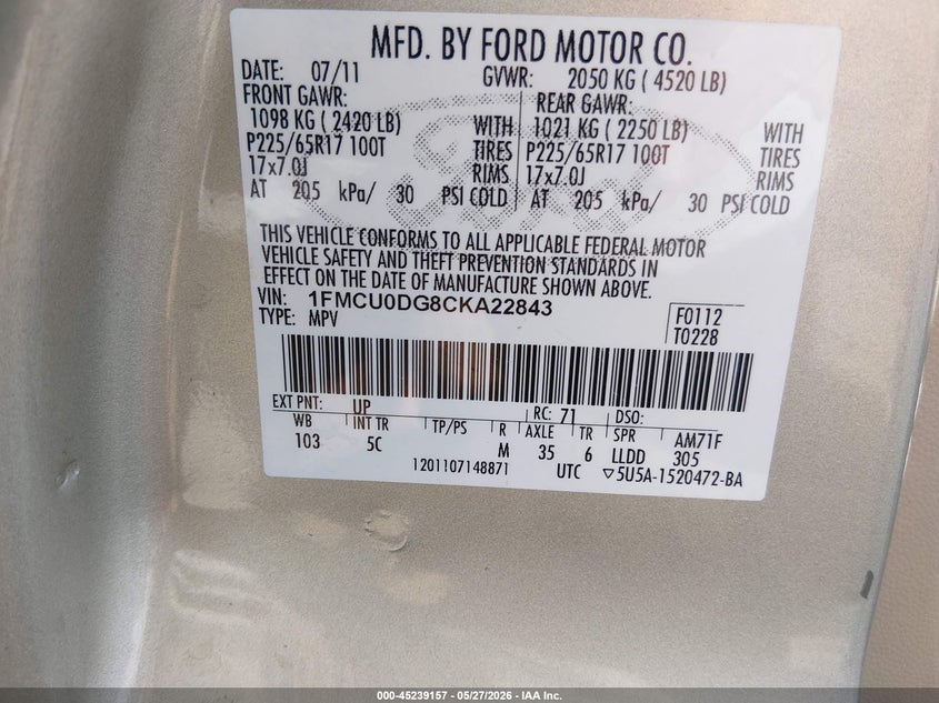 2012 Ford Escape 3.0 Xlt gold Lot 111045239157 Vin 1FMCU0DG8CKA22843