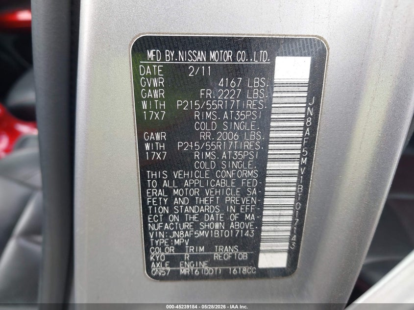 2011 Nissan Juke Sl VIN: JN8AF5MV1BT017143 Lot: 45239184