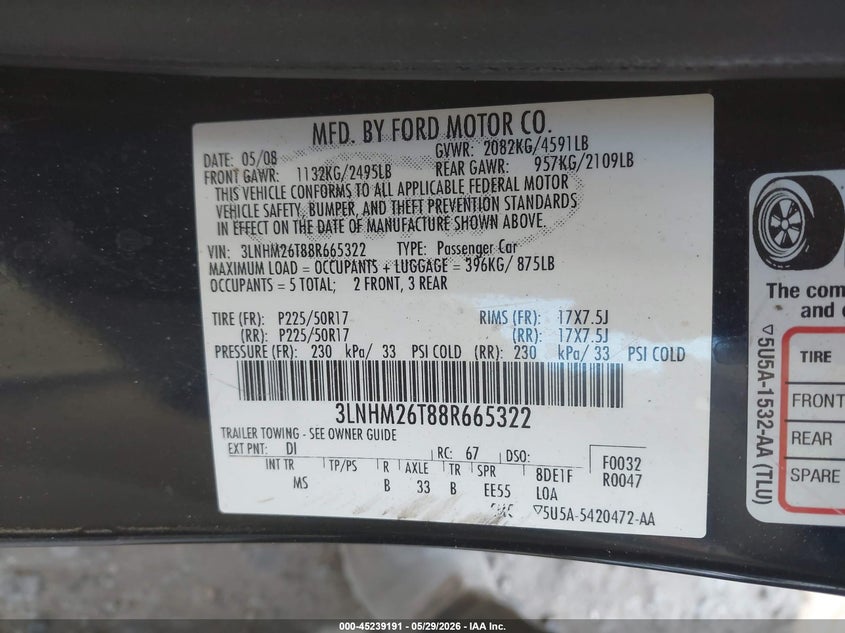 2008 Lincoln Mkz VIN: 3LNHM26T88R665322 Lot: 45239191