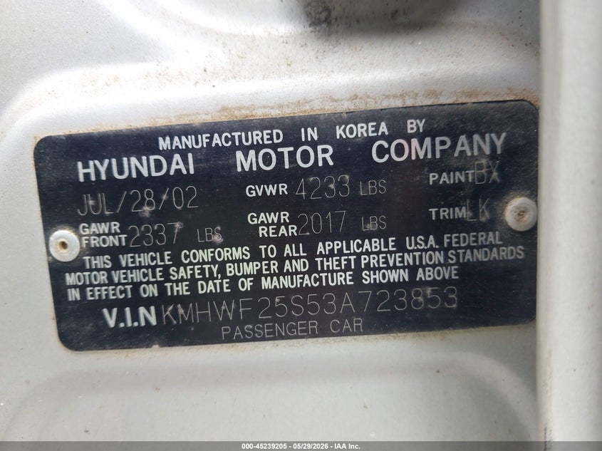2003 Hyundai Sonata VIN: KMHWF25S53A723853 Lot: 45239205