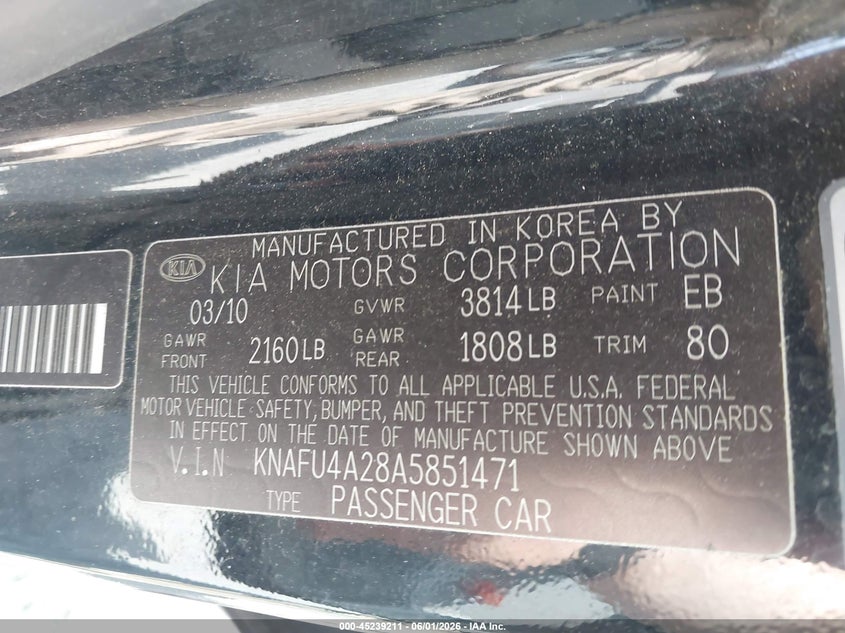 2010 Kia Forte Ex VIN: KNAFU4A28A5851471 Lot: 45239211