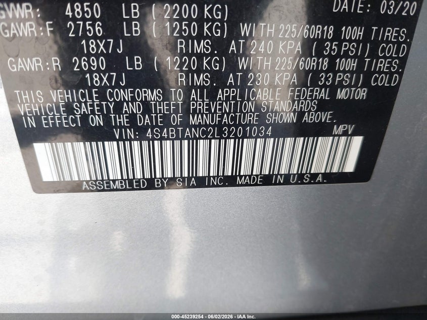 2020 Subaru Outback Limited VIN: 4S4BTANC2L3201034 Lot: 45239254