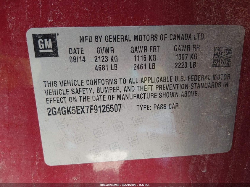 2015 Buick Regal Turbo VIN: 2G4GK5EX7F9126507 Lot: 45239256