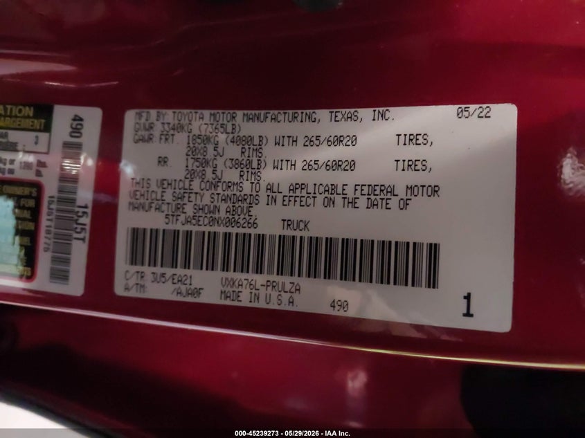 2022 Toyota Tundra Limited VIN: 5TFJA5EC0NX006266 Lot: 45239273
