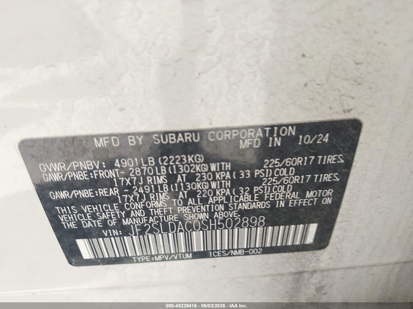 2025 Subaru Forester VIN: JF2SLDAC0SH502898 Lot: 45239416