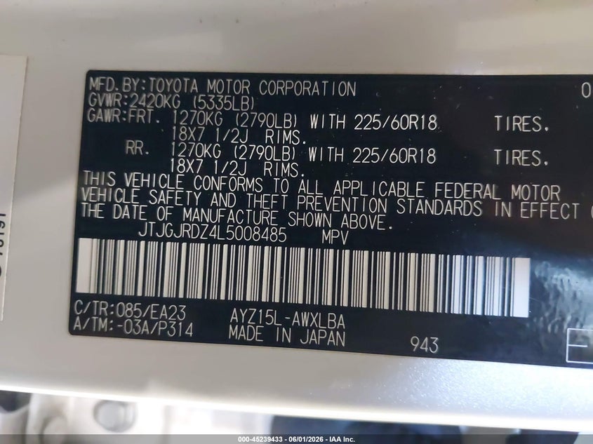2020 Lexus Nx 300H VIN: JTJGJRDZ4L5008485 Lot: 45239433