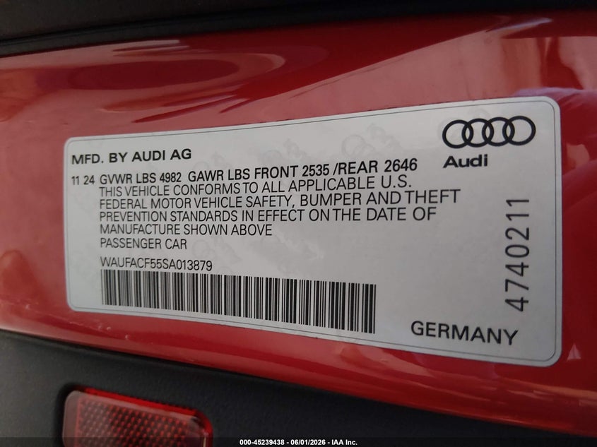 2025 Audi A5 Sportback Premium Plus 45 Tfsi S Line Quattro S Tronic VIN: WAUFACF55SA013879 Lot: 45239438