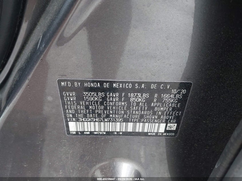 VIN 3HGGK5H67LM731395 2020 HONDA FIT SPORT