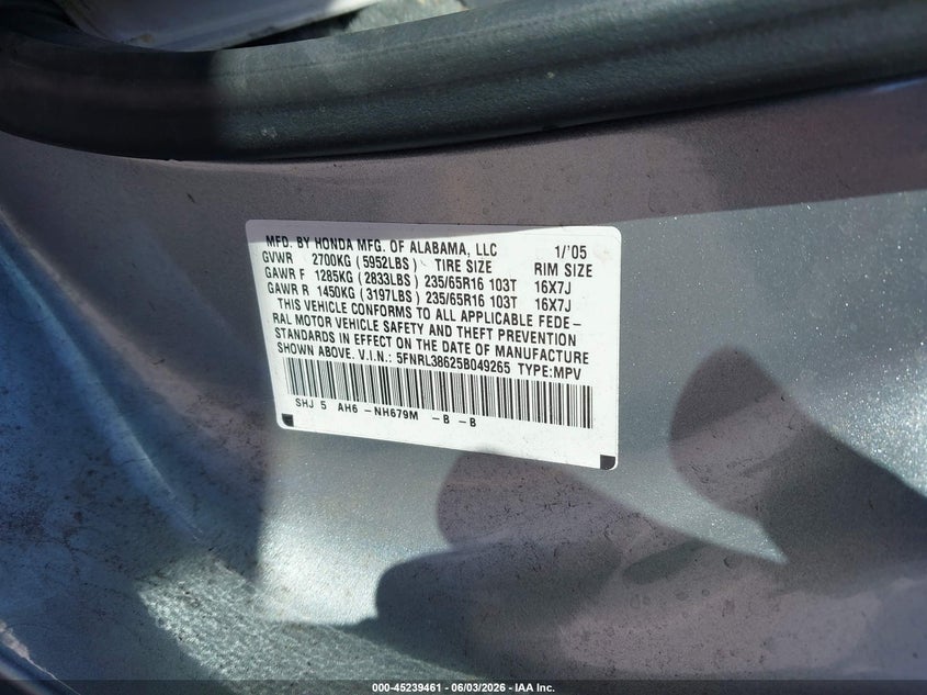 2005 Honda Odyssey Ex-L VIN: 5FNRL38625B049265 Lot: 45239461