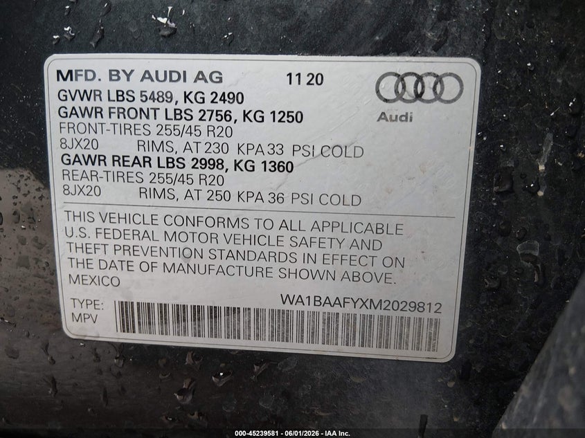 2021 Audi Q5 Premium Plus 45 Tfsi Quattro S Tronic VIN: WA1BAAFYXM2029812 Lot: 45239581