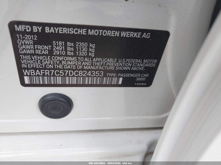 2013 BMW 535I VIN: WBAFR7C57DC824353 Lot: 45239582