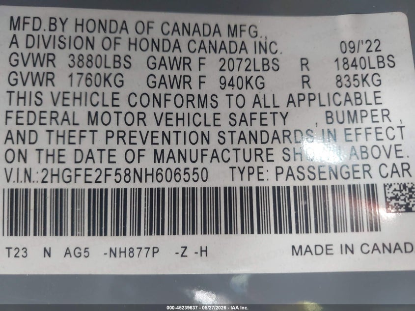 VIN 2HGFE2F58NH606550 2022 HONDA CIVIC SPORT