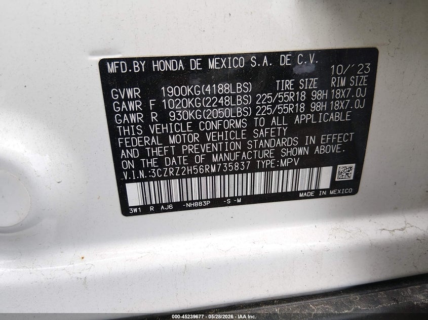 VIN 3CZRZ2H56RM735837 2024 HONDA HR-V AWD SPORT/AWD SPORT W/O BSI