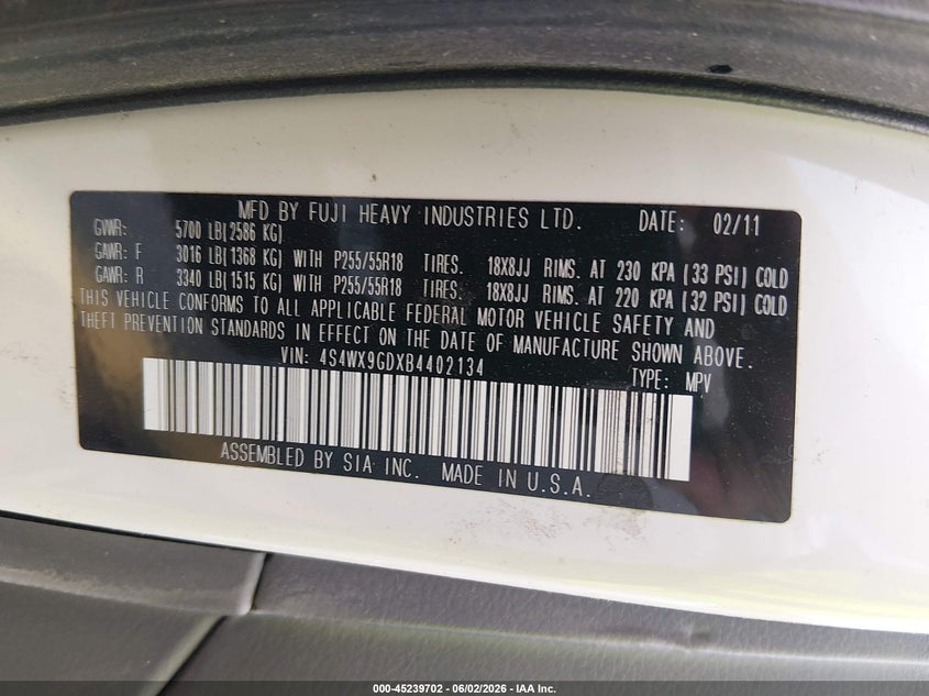 2011 Subaru Tribeca 3.6R Limited VIN: 4S4WX9GDXB4402134 Lot: 45239702