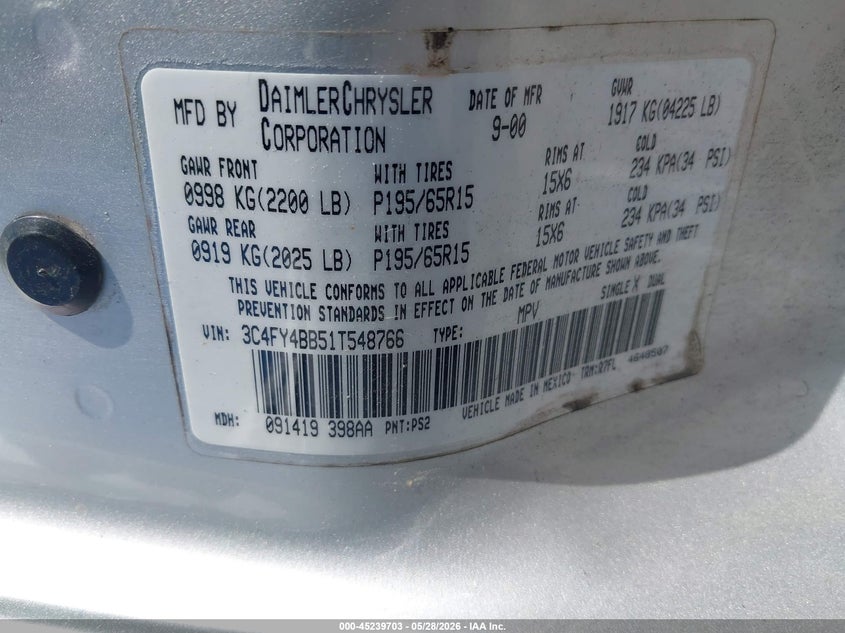 2001 Chrysler Pt Cruiser VIN: 3C4FY4BB51T548766 Lot: 45239703
