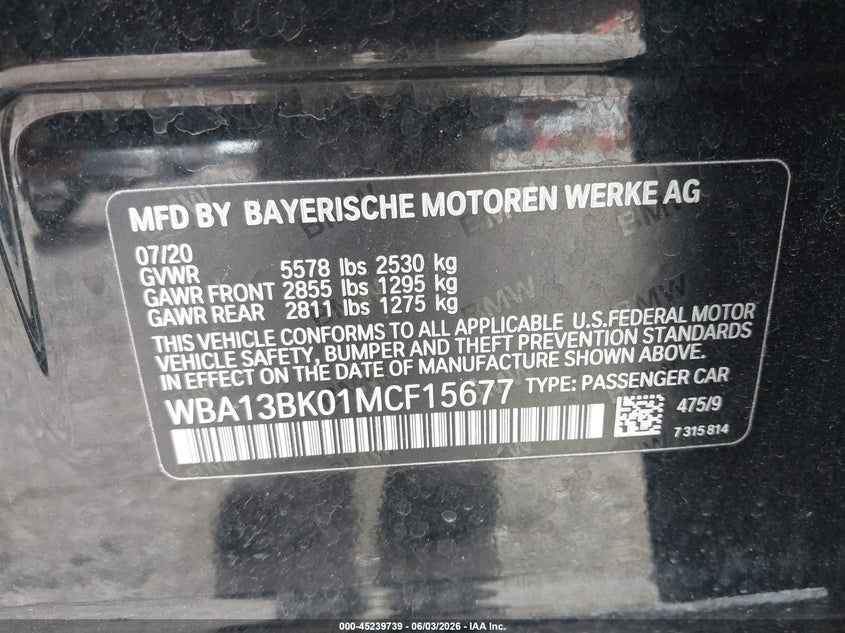 2021 BMW M550I xDrive VIN: WBA13BK01MCF15677 Lot: 45239739