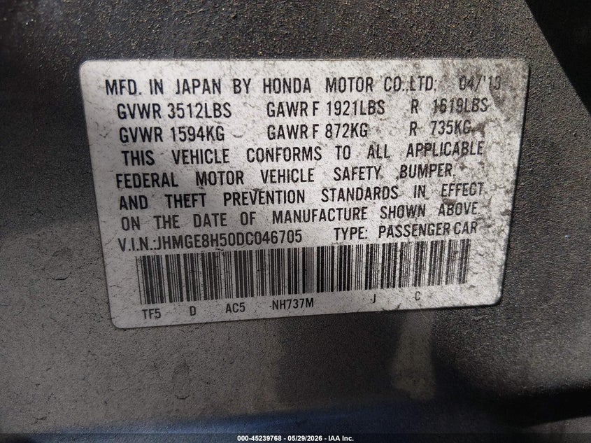 2013 Honda Fit Sport VIN: JHMGE8H50DC046705 Lot: 45239768