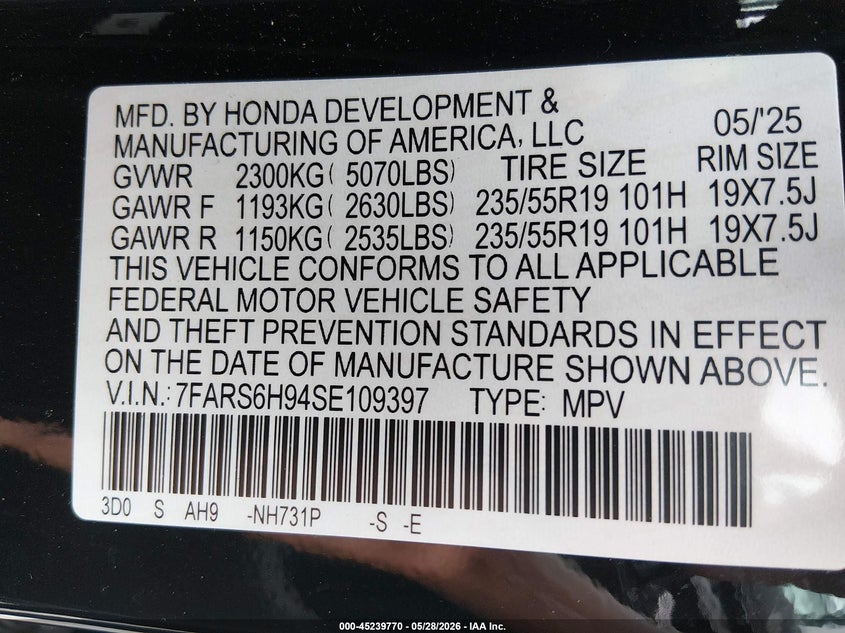 VIN 7FARS6H94SE109397 2025 HONDA CR-V HYBRID SPORT TOURING