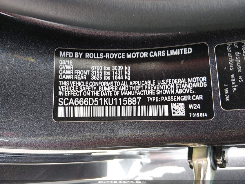ROLLS-ROYCE DAWN 2019 VIN SCA666D51KU115887