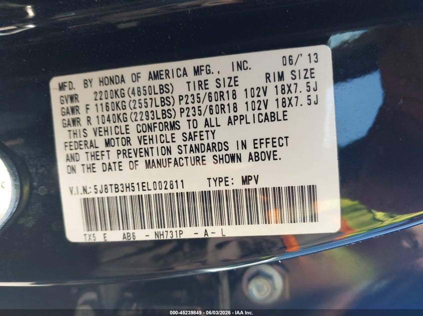 2014 Acura Rdx VIN: 5J8TB3H51EL002811 Lot: 45239849