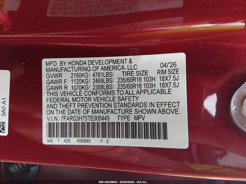 VIN 7FARS3H75TE005449 2026 HONDA CR-V EX-L 2WD