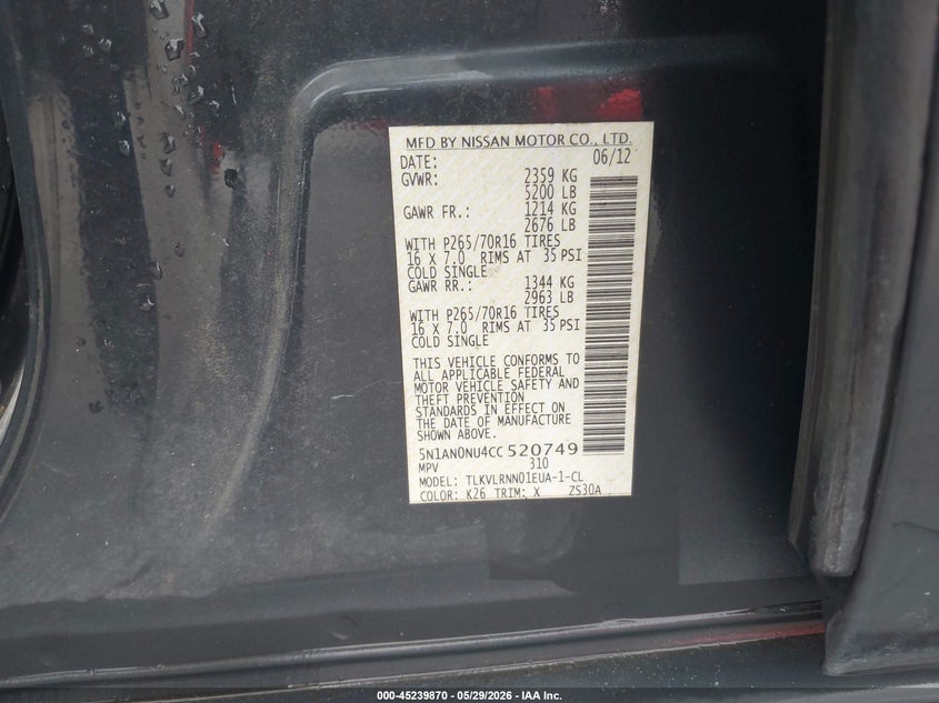 2012 Nissan Xterra S VIN: 5N1AN0NU4CC520749 Lot: 45239870