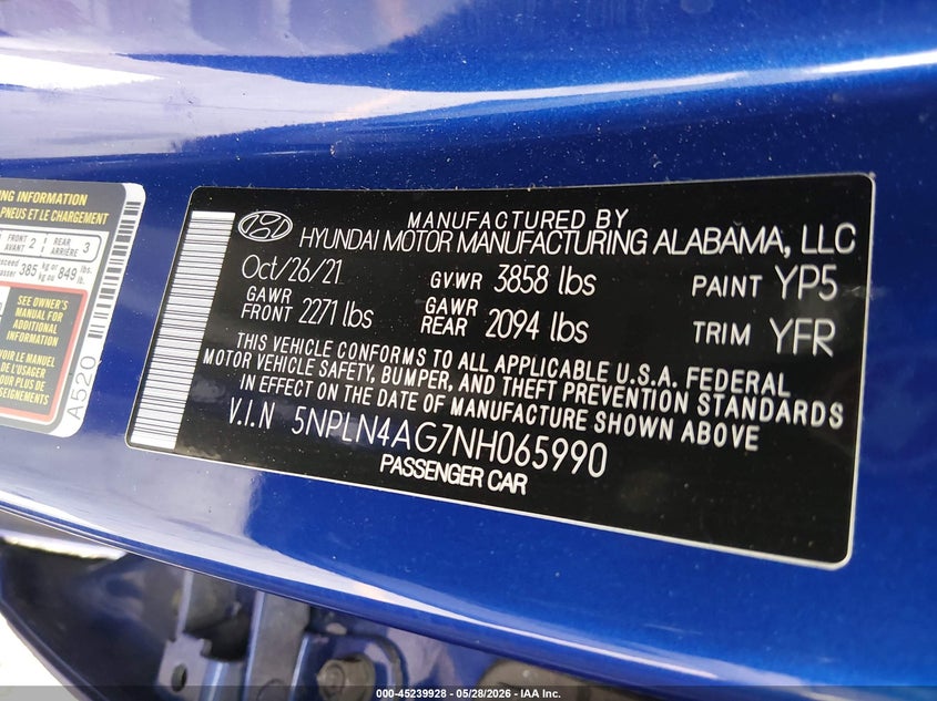 2022 Hyundai Elantra Sel VIN: 5NPLN4AG7NH065990 Lot: 45239928