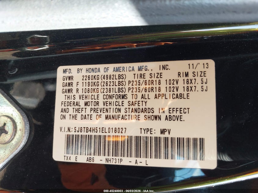 2014 Acura Rdx VIN: 5J8TB4H51EL018027 Lot: 45240003