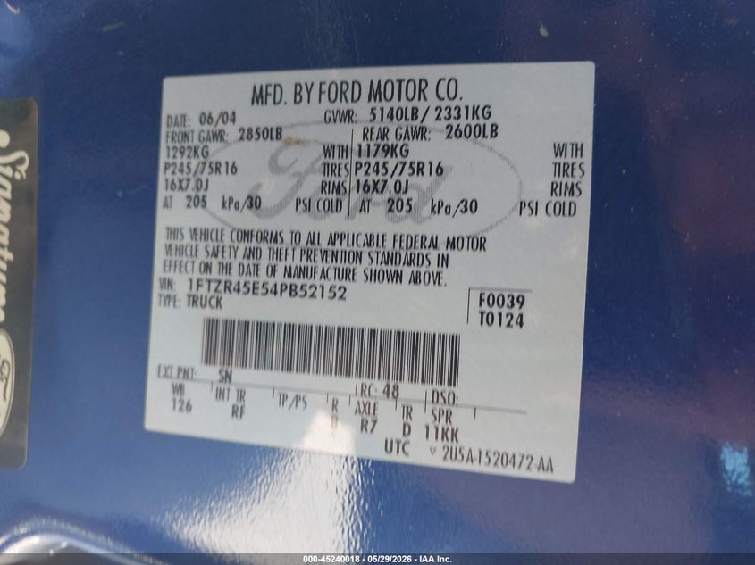 2004 Ford Ranger Edge/Tremor/Xlt VIN: 1FTZR45E54PB52152 Lot: 45240018