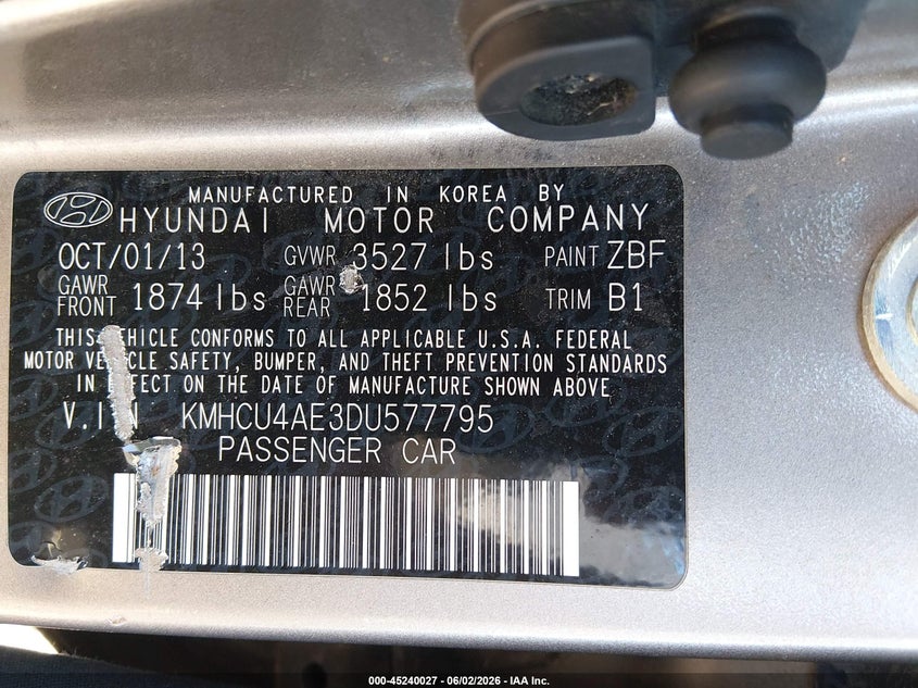 2013 Hyundai Accent Gls VIN: KMHCU4AE3DU577795 Lot: 45240027