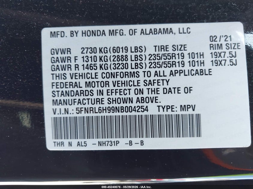 2022 Honda Odyssey Elite VIN: 5FNRL6H99NB004254 Lot: 45240076