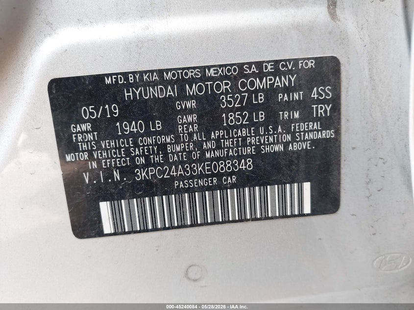 2019 Hyundai Accent Se VIN: 3KPC24A33KE088348 Lot: 45240084
