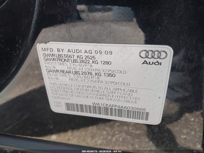 2010 Audi Q5 3.2 Premium VIN: WA1CKAFP4AA030965 Lot: 45240170