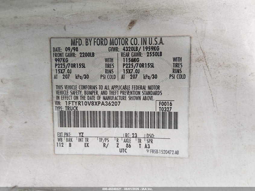1999 Ford Ranger Xl/Xlt VIN: 1FTYR10V8XPA36207 Lot: 45240321