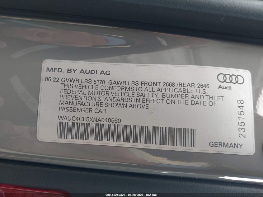 2022 Audi S5 Sportback Premium Plus Tfsi Quattro Tiptronic VIN: WAUC4CF5XNA040560 Lot: 45240323