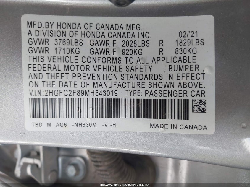 2021 HONDA CIVIC SEDAN 2.0L I-4 DOHC, VVT, 158HP