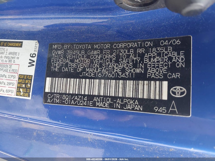 2006 Scion Tc VIN: JTKDE167760134311 Lot: 45240356