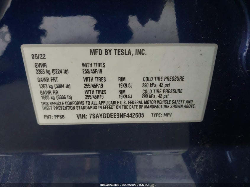 2022 Tesla Model Y Long Range Dual Motor All-Wheel Drive VIN: 7SAYGDEE9NF442605 Lot: 45240382