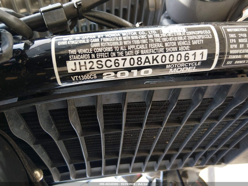 2010 Honda Vt1300 Cs VIN: JH2SC6708AK000611 Lot: 45240390