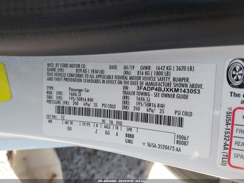 2019 Ford Fiesta Se VIN: 3FADP4BJXKM143053 Lot: 45240460