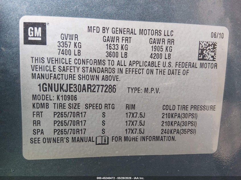 2010 Chevrolet Suburban 1500 Lt1 VIN: 1GNUKJE30AR277286 Lot: 45240472