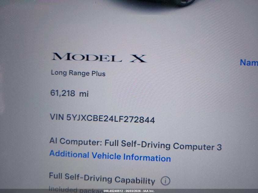 2020 Tesla Model X Long Range Dual Motor All-Wheel Drive/Long Range Plus Dual Motor All-Wheel Drive VIN: 5YJXCBE24LF272844 Lot: 45240512