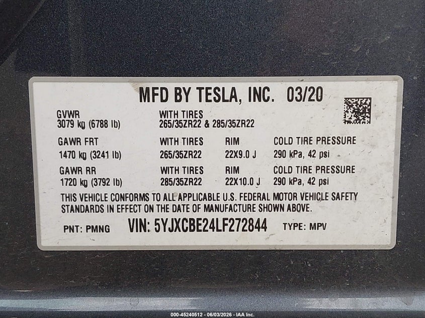 2020 Tesla Model X Long Range Dual Motor All-Wheel Drive/Long Range Plus Dual Motor All-Wheel Drive VIN: 5YJXCBE24LF272844 Lot: 45240512