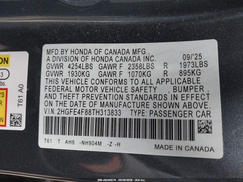 2026 HONDA CIVIC SEDAN 2.0L I-4 DI, DOHC, VVT, 141HP