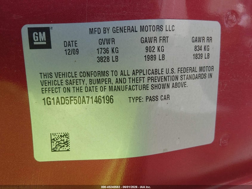 2010 Chevrolet Cobalt Lt VIN: 1G1AD5F50A7146196 Lot: 45240582