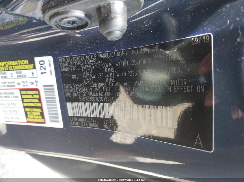 TOYOTA SIENNA 2020 VIN 5TDYZ3DC1LS045304