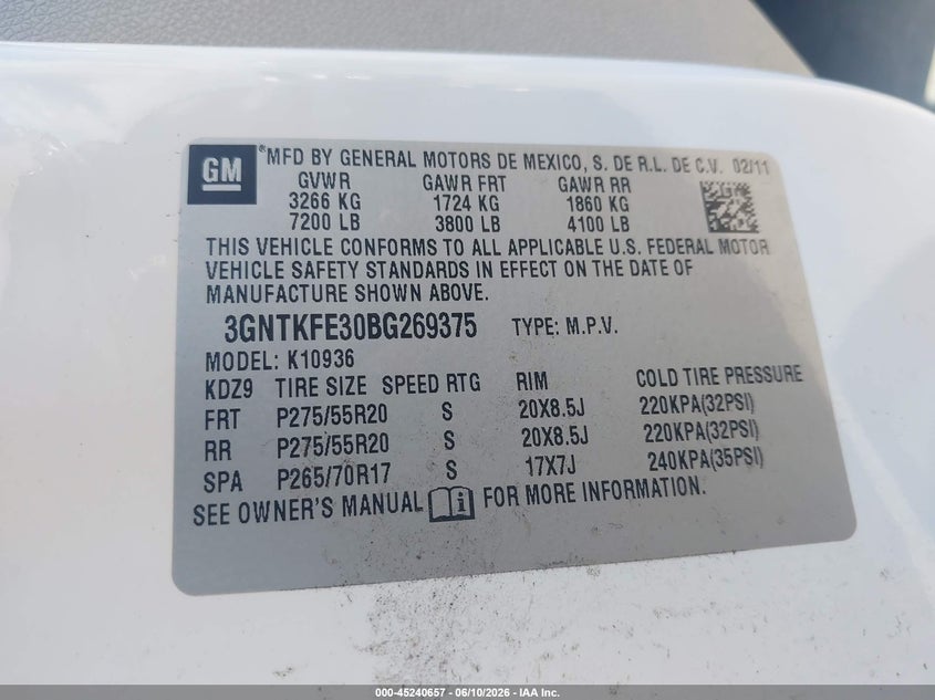 2011 Chevrolet Avalanche 1500 Lt1 VIN: 3GNTKFE30BG269375 Lot: 45240657