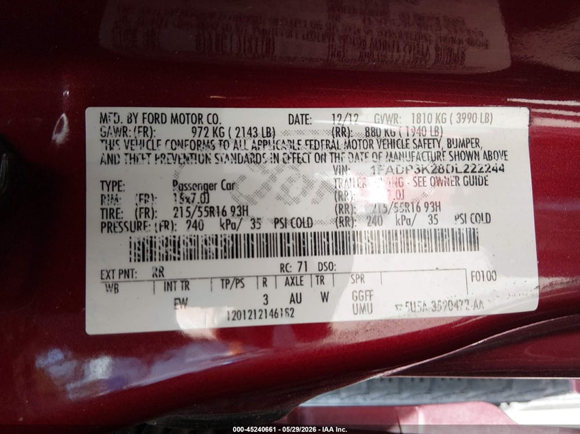2013 FORD FOCUS HATCHBACK 2.0L I-4 DI, DOHC, VVT, 160HP